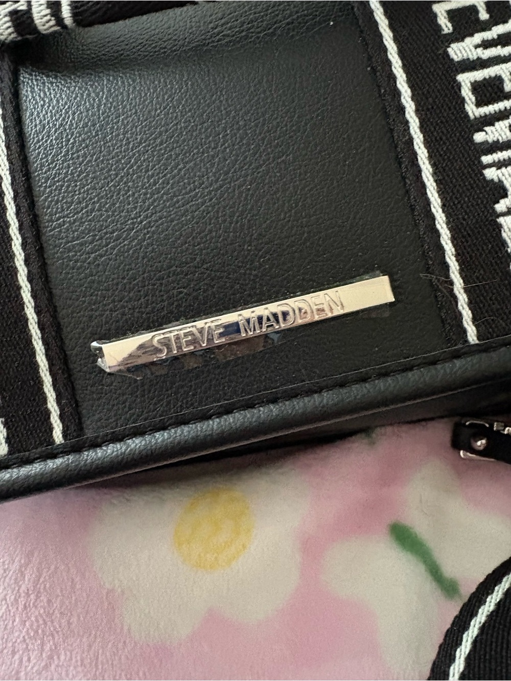 Steve Madden Black Crossbody Tote with White Branded Strap - Picture 2 of 5